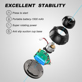 STIGMA wireless mini vortex mixer exploded view, showing 1500mAh battery, super rotating power, and anti-slip suction cup base for excellent stability.
